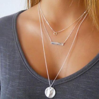 Layered Set Of 2 Silver Necklaces, Sterling Silver..