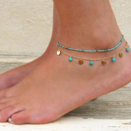 Set Of 2 Anklets, Turquoise Anklet, Gold Coin..