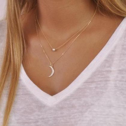 Gold Layered Necklace Set; Moon Necklace Set;..