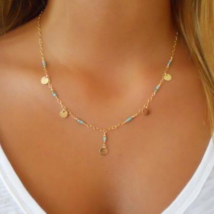 Turquoise Gold Necklace; Layering Necklace; 14k..