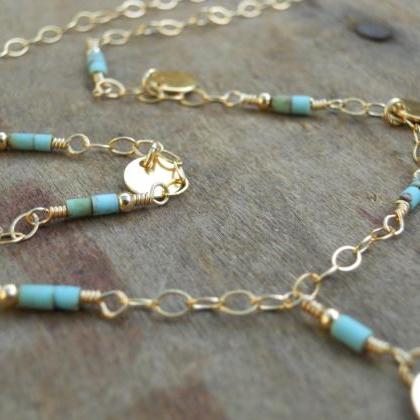 Turquoise Gold Necklace; Layering Necklace; 14k..