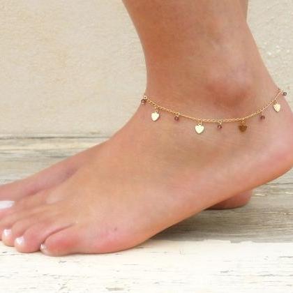 Heart Charms And Beads Anklet, Gold Heart Anklet,..