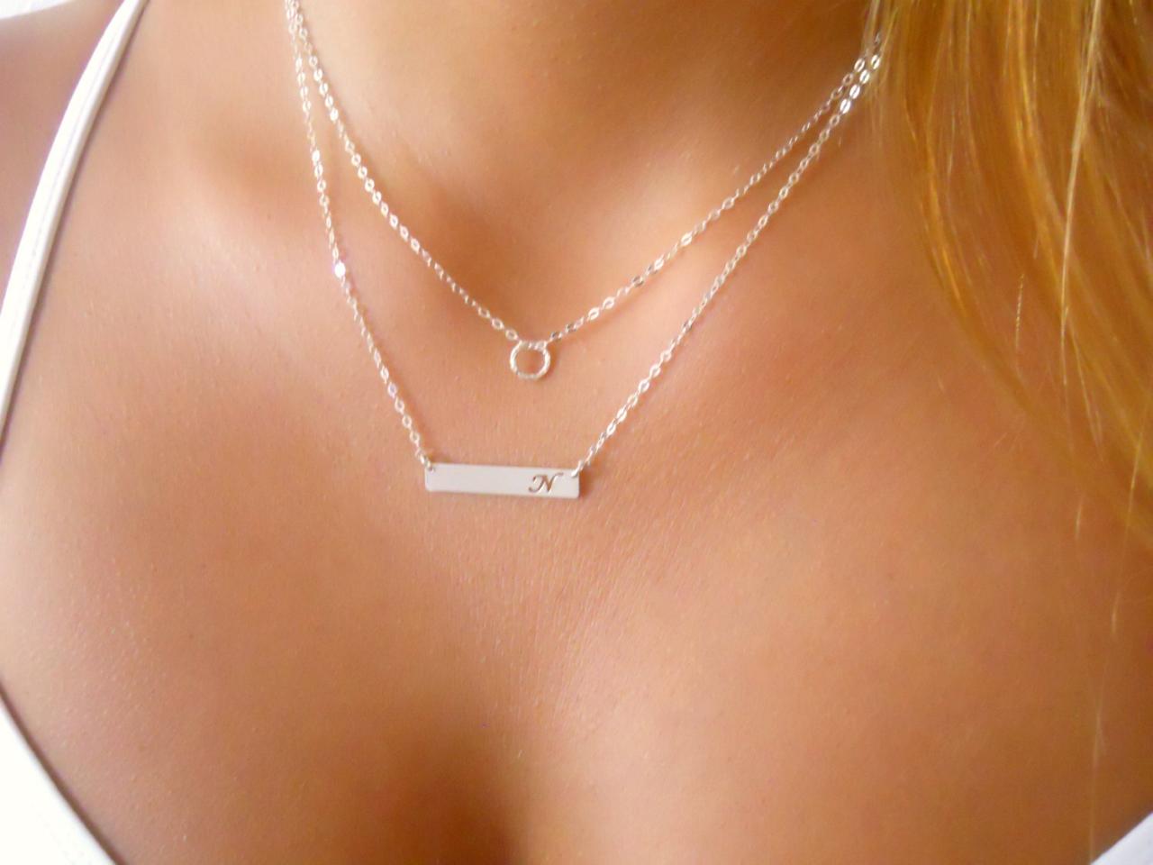 Layered Set Of 2 Silver Necklaces, Sterling Silver Necklace Set, Cut-out Initial Bar Necklace, Tiny Ring Necklace, Personalized Necklace,