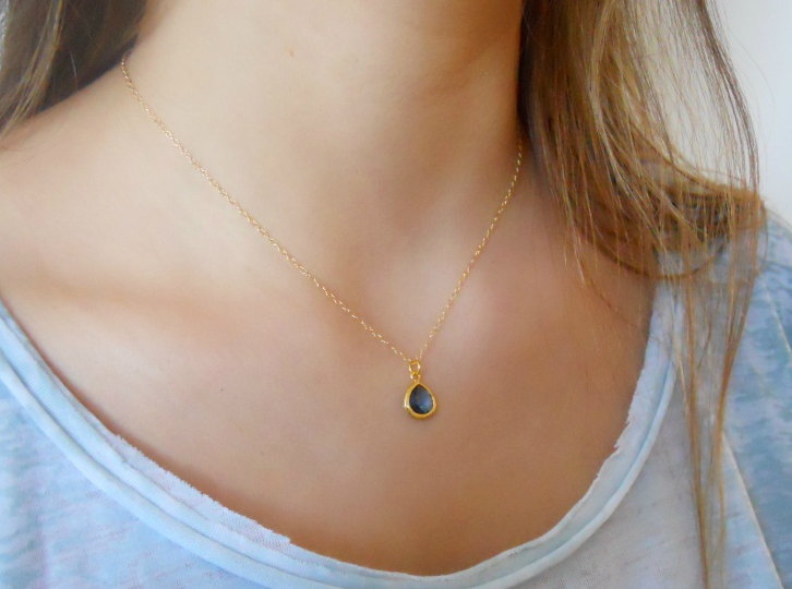 Delicate Gold Necklace; Tear Drop Pendant Necklace; Crystal Pendant Necklace; Pick Your Color; Bridesmaid Gift; Layering Necklace;