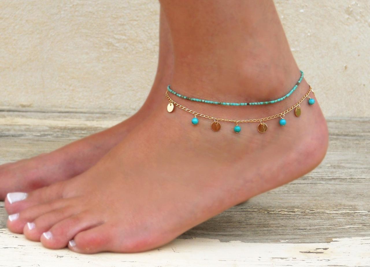 Set Of 2 Anklets, Turquoise Anklet, Gold Coin Anklet, Layered Anklet Set, 2 Separated Anklets, Boho Anklet
