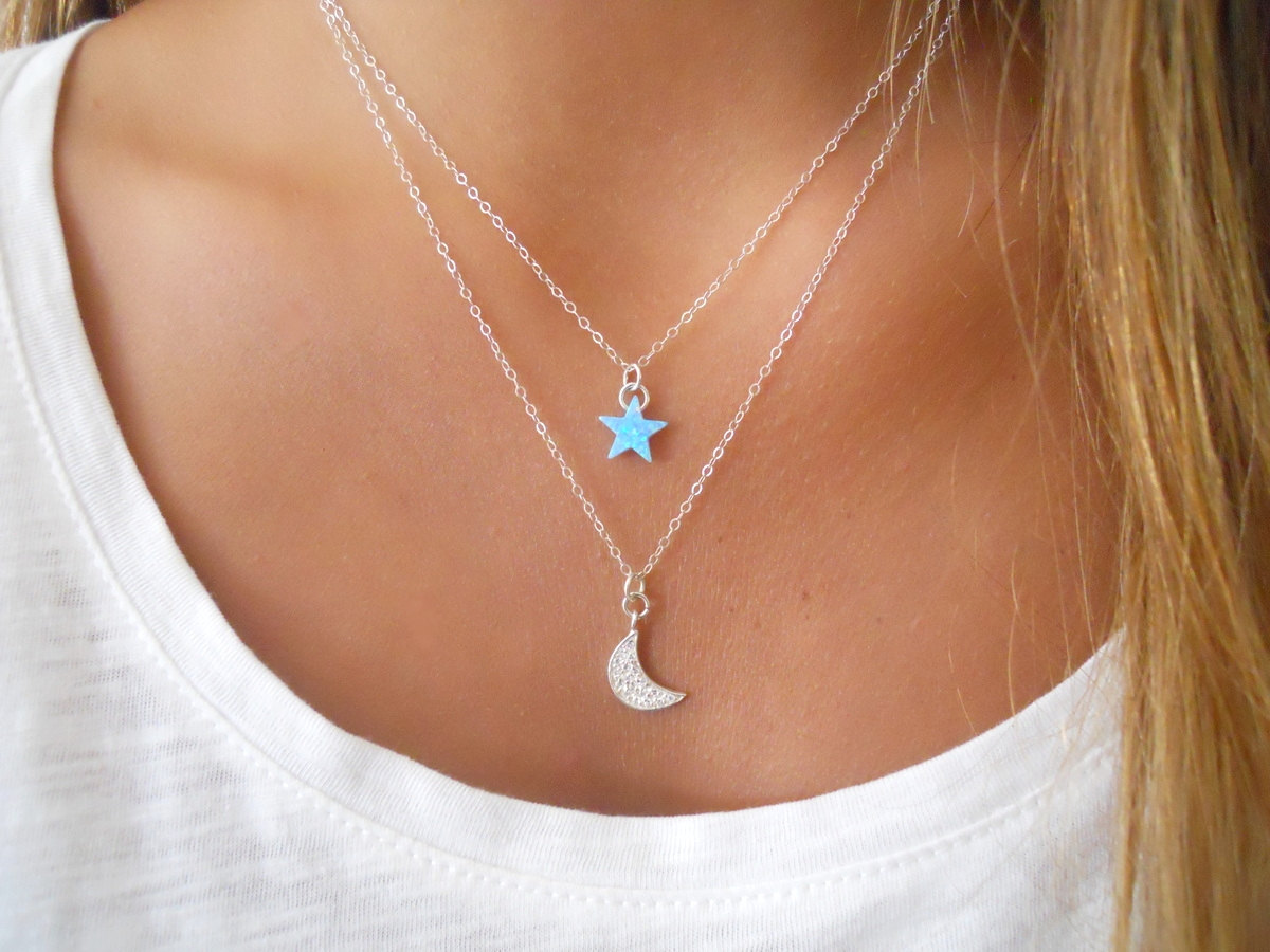Moon And Star Silver Necklace Set. Dainty Sterling Silver Necklace Set. Layering Necklace ...