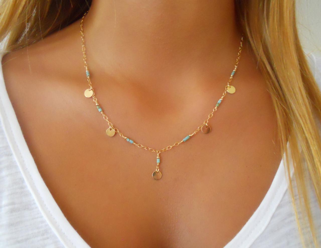 Turquoise Gold Necklace; Layering Necklace; 14k Gold Filled Necklace; Coin Necklace; Boho Necklace; Delicate Gold Necklace; Lariat Necklace