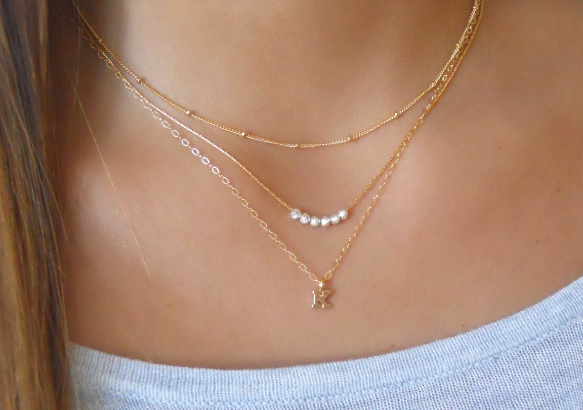 Triple Necklace Set; Personalized Gold Necklace Set; Initial Necklace