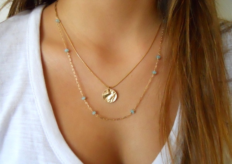 Layered Gold Necklace Set; Gemstone Beads And Gold Necklace; Gold Coin Necklace; Delicate Necklace Set;pick Your Stone Color
