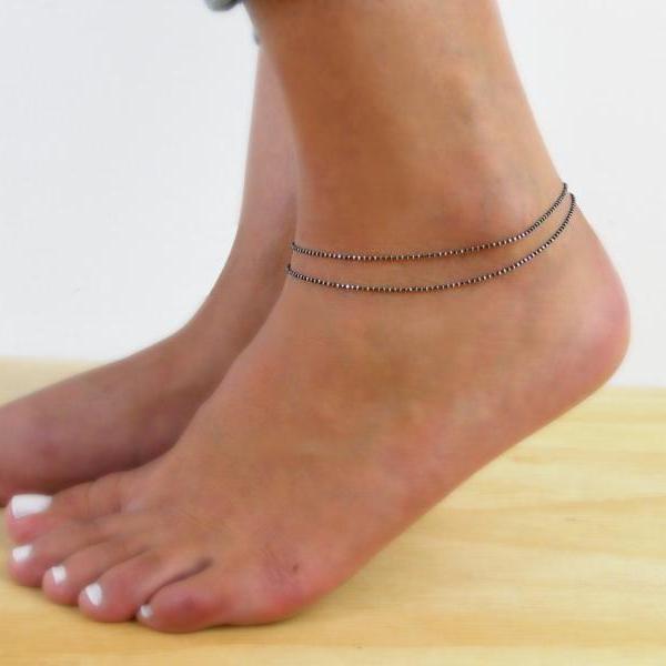 Double Layered Sterling Silver Anklet, Black Ball Chain Anklet, Sterling Silver Black Bead Chain Anklet, Multistrand Silver Anklet